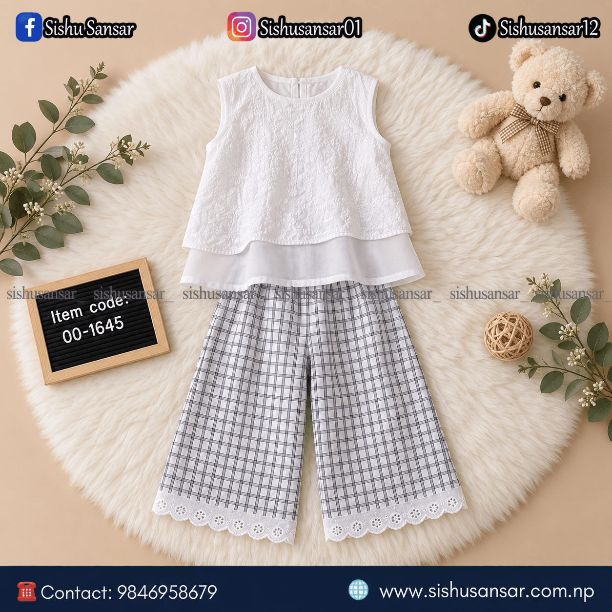 Girls Elegant 2-Piece Sleeveless Lace Top and Plaid Pants Set - Image 1